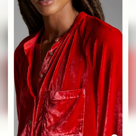 Pilcro Puff Sleeve Velvet Front Buttons Long Sleeve Vibrant Blouse Shirt Medium - Picture 3 of 14